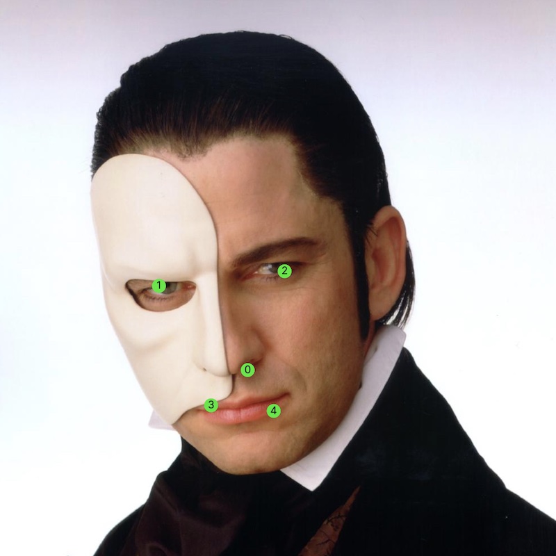 Example image and five-point facial keypoints array from the 300 Faces in the Wild dataset.